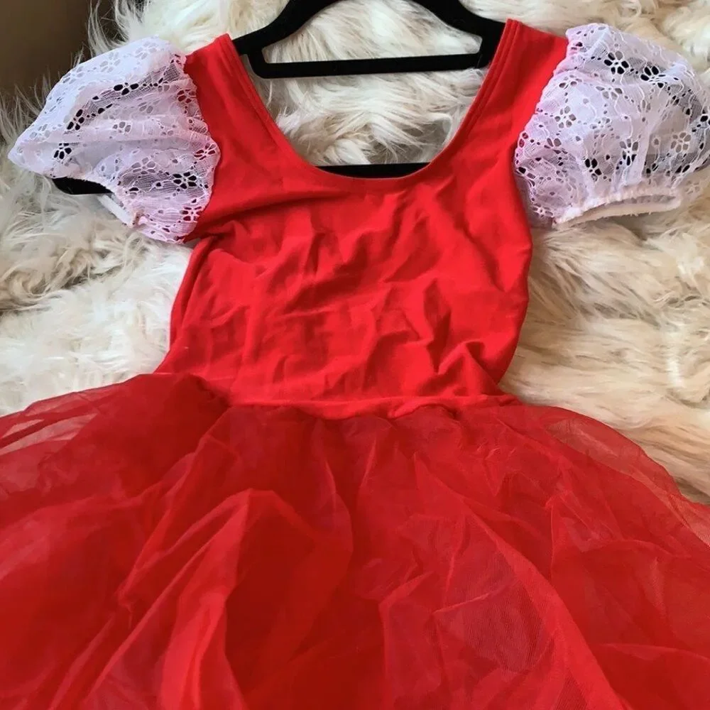 Girls Swiss Heidi Folk Ballet Dance Costume Red White Lace Intermediate Child